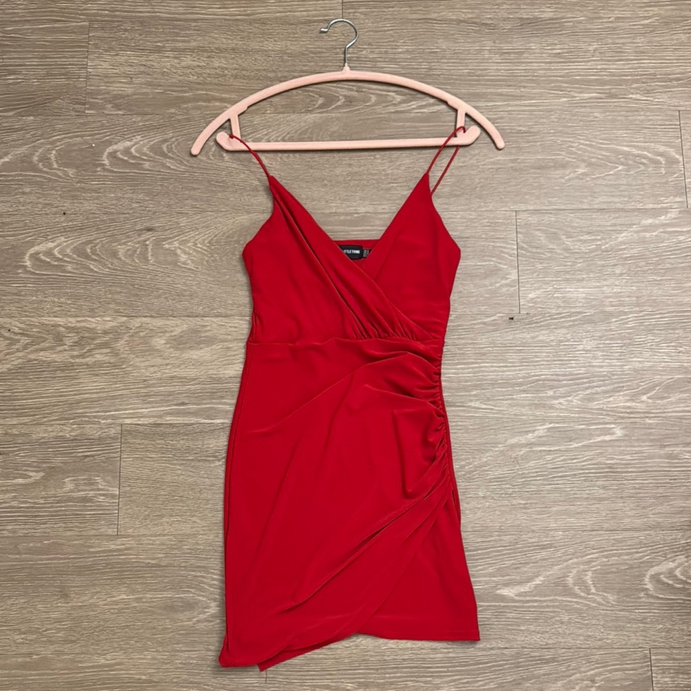 Red Mini Bodycon Dress with Spaghetti Straps and Ruched Design